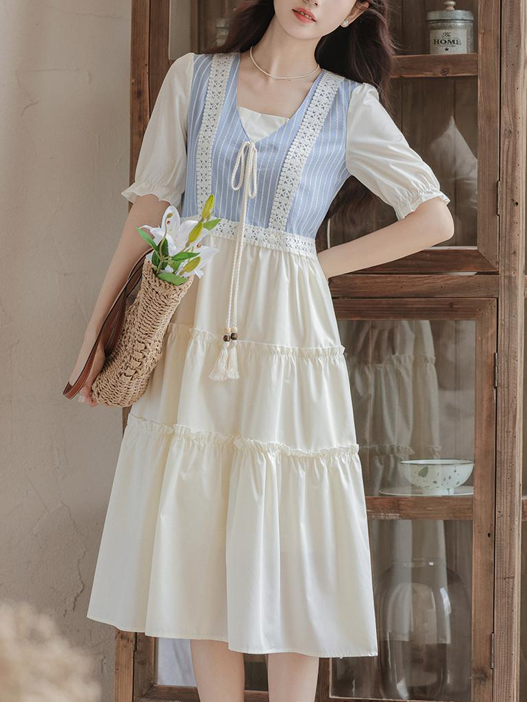 Artistic Vintage Skirt Women's 2024 Summer New Imitation Denim Striped Stitching Fake Two Pieces Short Sleeve Dress 50