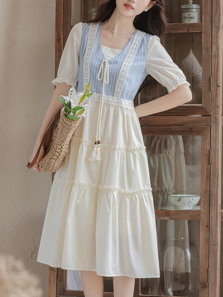 Artistic Vintage Skirt Women's 2024 Summer New Imitation Denim Striped Stitching Fake Two Pieces Short Sleeve Dress 50