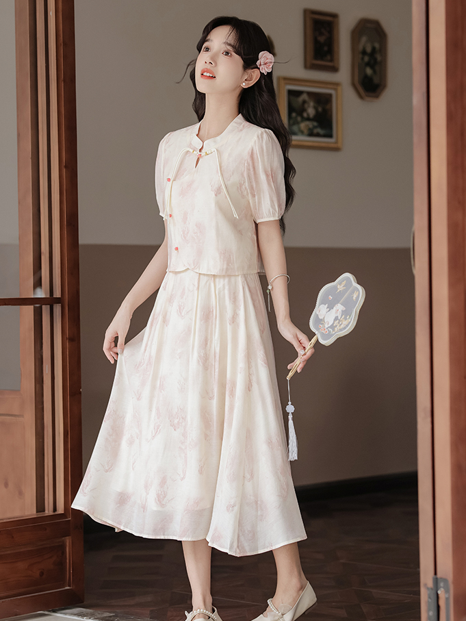 Pink Jade New Chinese Style Suit 2024 Summer New National Style Buckle Shirt A- line Skirt 40 in Stock