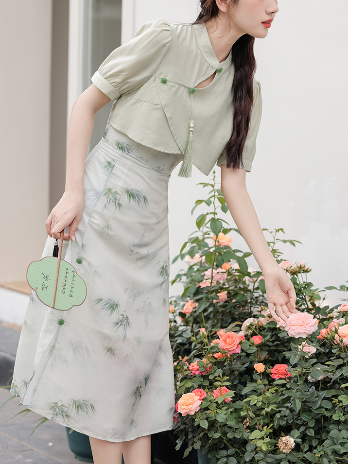 Green Bamboo Floral Two-Piece Set 青竹花语吊带裙罩衫两件套