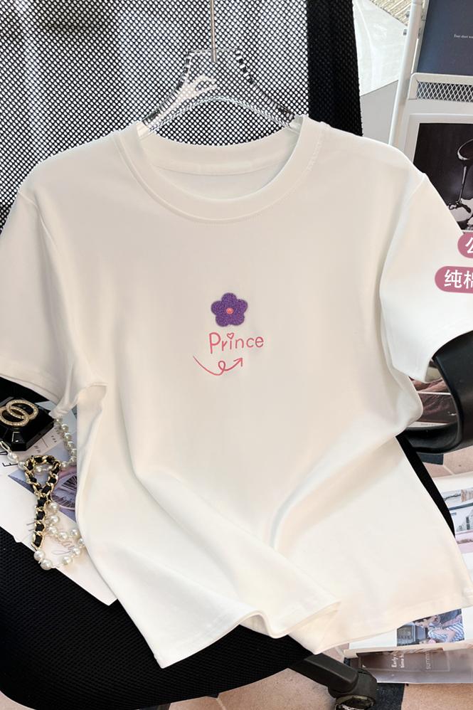 Real Shot Spot High Quality ~ Pure Cotton Shoulder Design Sense Towel Embroidery Flower Graffiti Letter Short Sleeve T-shirt Casual