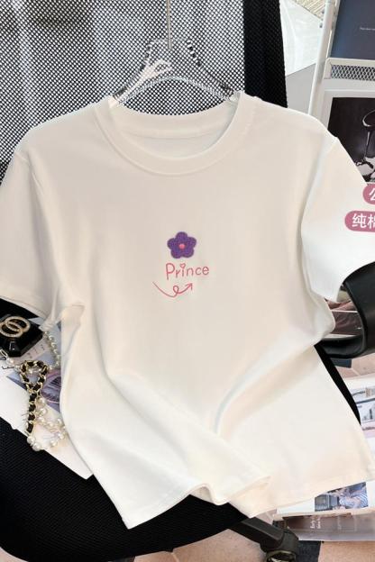 Real Shot Spot High Quality ~ Pure Cotton Shoulder Design Sense Towel Embroidery Flower Graffiti Letter Short Sleeve T-shirt Casual