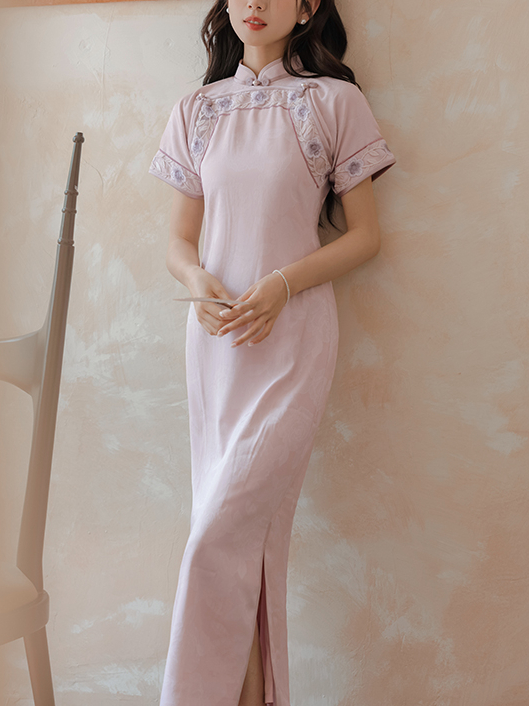 暗香双襟粉紫色旗 Mystery Fragrance New Chinese Style No-Seam Flat Cut Ancient Method Double-Breasted Pink Purple Cheongsam Floor-Length Dress