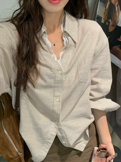 Lace Trim V-Neck Shirt V领蕾丝拼接衬衫*4 Colors