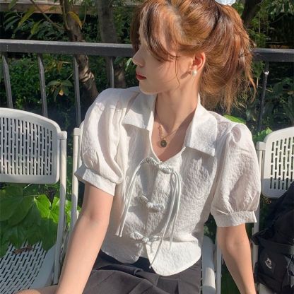 Retro Buckle Shirt Women's Clothing Puff Sleeve Top Design Sense Niche Summer New Style White French Short Sleeve Shirt