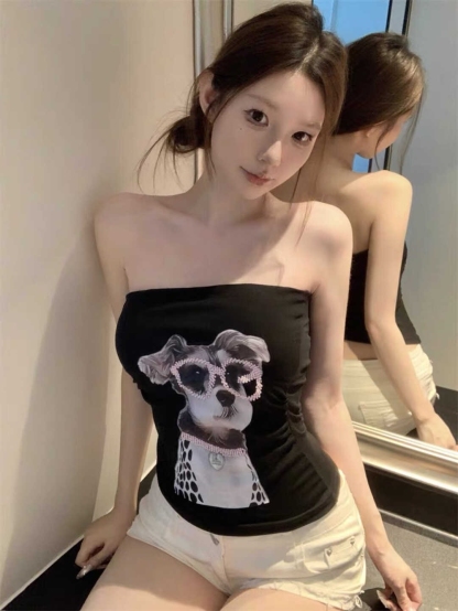 Puppy Print Tube Top Vest 小狗印花抹胸背心 自带胸垫*4 Colors