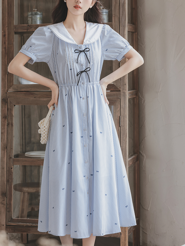 Fresh Dress College Style Age-Reducing Sailor Collar Bow Jacquard Fitted Waist Striped Long Dress 50