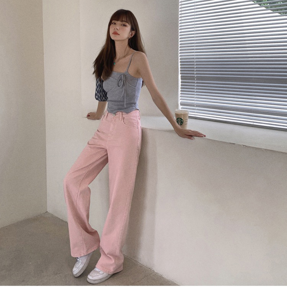 粉色阔腿牛仔裤 pink denim women's pants, high-waisted, slimming, wide-leg, loose straight-leg trousers