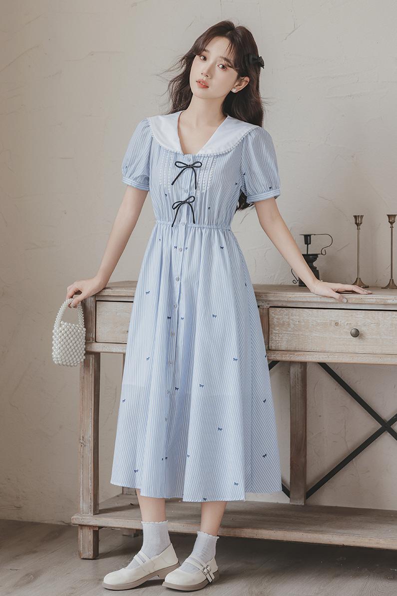 Fresh Dress College Style Age-Reducing Sailor Collar Bow Jacquard Fitted Waist Striped Long Dress 50