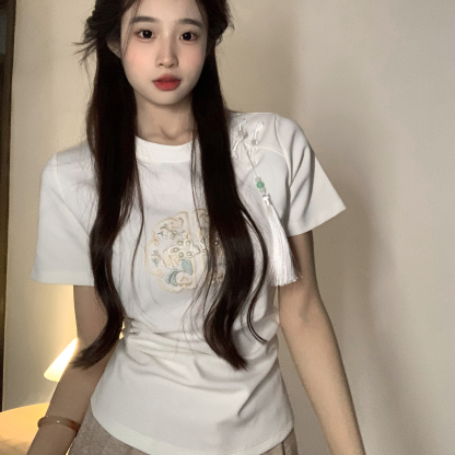 Real Shot New Chinese Style Rayon Air Layer 210g Short Sleeve T-Shirt for Women Summer Embroidery Slim Fit Regular Shoulder Short Round Neck Top