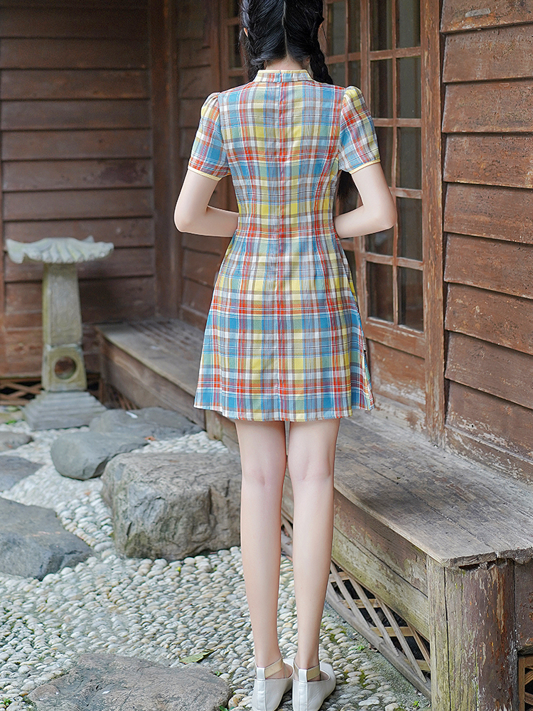 复古格子中式连身裙*2 Colors