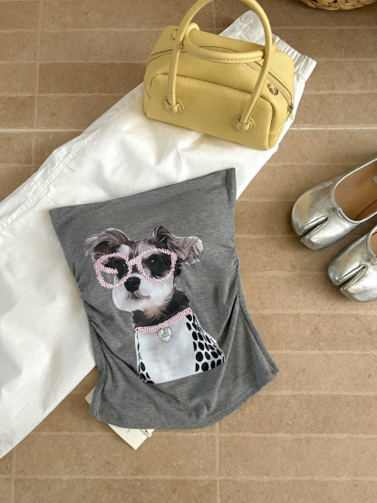 Puppy Print Tube Top Vest 小狗印花抹胸背心 自带胸垫*4 Colors