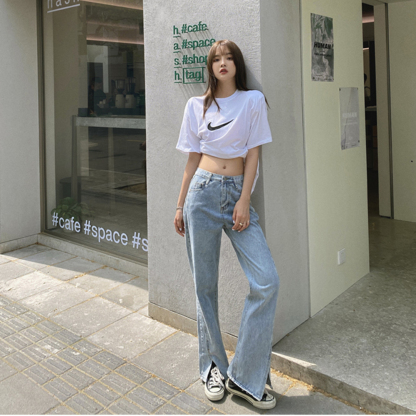 Actual Shot 2025 Summer New HyunA Floor-Length Pants with Slit High Waist Versatile Loose Straight Wide-Leg Denim Long Pants for Women