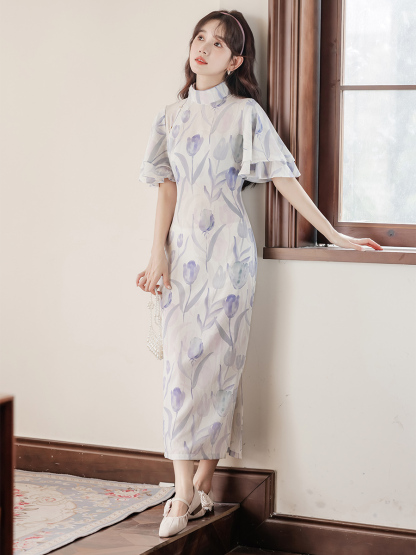 Smooth Skin Snow | New Girls Lived during the Republic of China Lotus Leaf Sleeve Tulip Long Cheongsam Slim Spring and Summer Young New Chinese Style 40