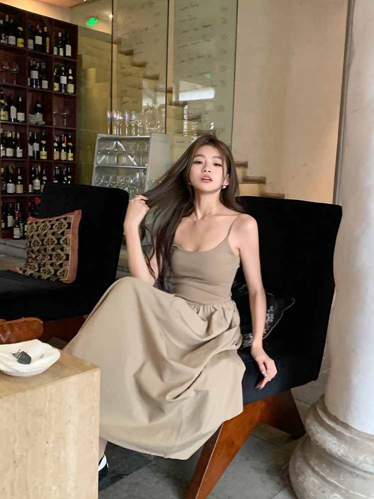 Real Shot 2023 Summer New Suspender Dress Long Slimming Women's Elegant All-Match Gentle Dress