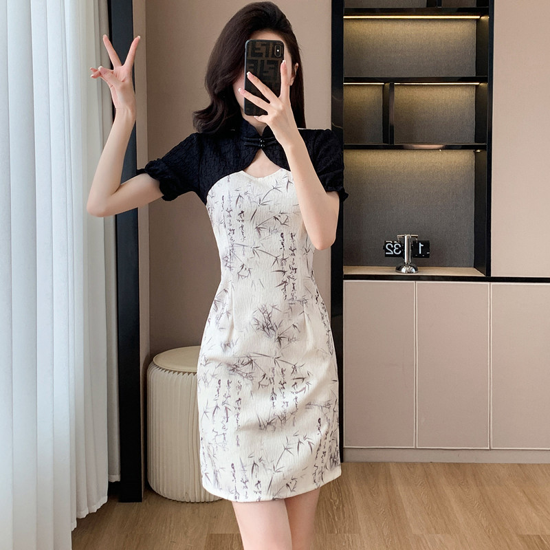In Stock Real Shot Summer Ink Painting National Style Elegant Young Girl New Chinese Style Improved Cheongsam Frog Button Dress