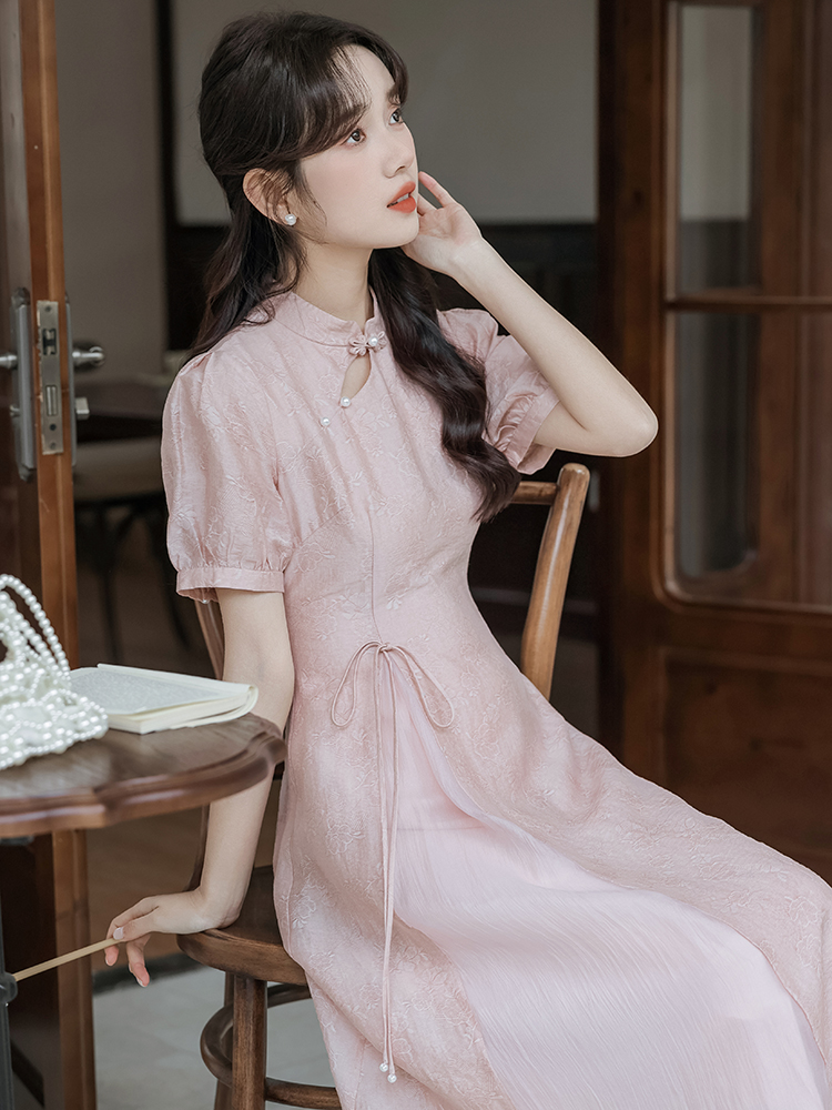 Pink Luster Dress 粉贝柔光中式连身裙