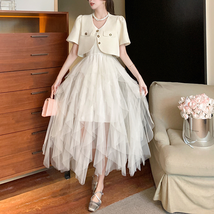 Real Shot Spot Elegant French Socialite Classic Style Short Sleeve Suit Coat Sling Cake Gauze Skirt Two-Piece Suit