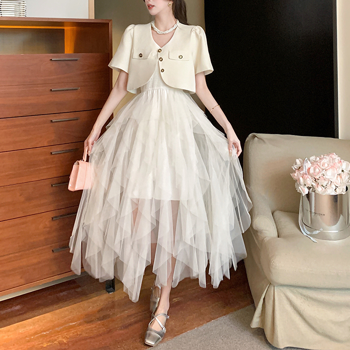 Real Shot Spot Elegant French Socialite Classic Style Short Sleeve Suit Coat Sling Cake Gauze Skirt Two-Piece Suit