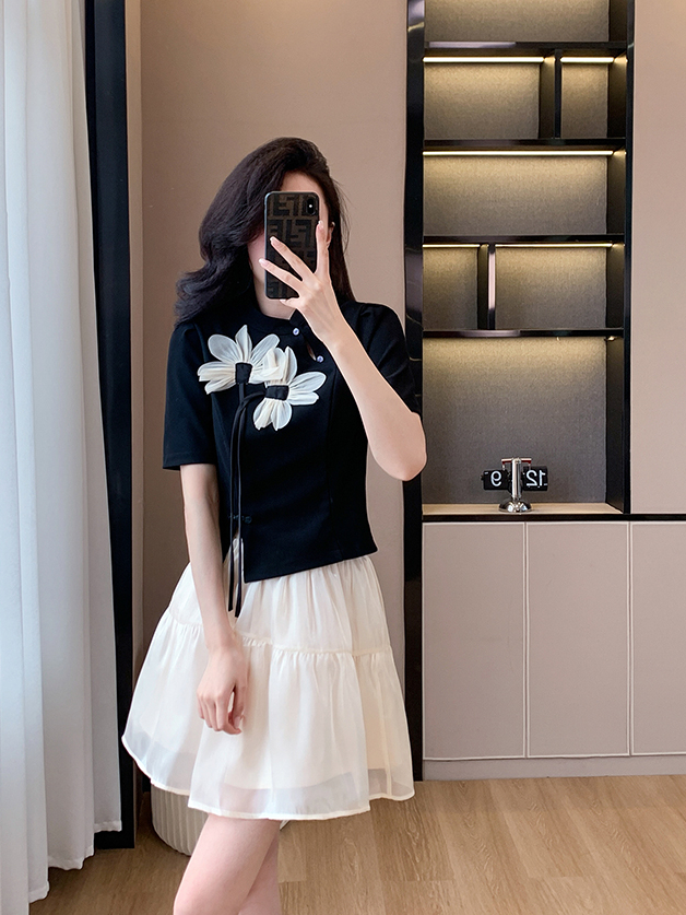 盘扣旗袍连衣裙 Improved Cheongsam Top Puff Skirt Two-Piece Set