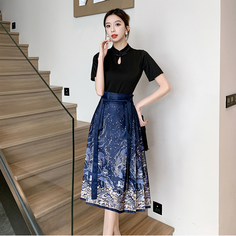 Real Shot In Stock Dreamy Galaxy Horse Face Skirt Light National Style New Chinese Style High-end Slimming Daily Commuting Skirt Summer