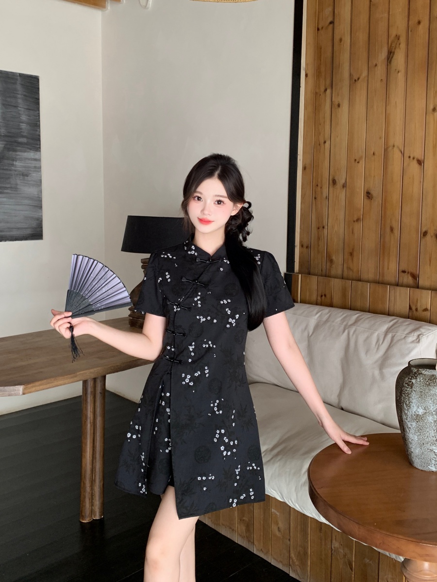 Short Sleeve Cheongsam Short Skirt Two-Piece Set 袖旗袍短裙两件套装