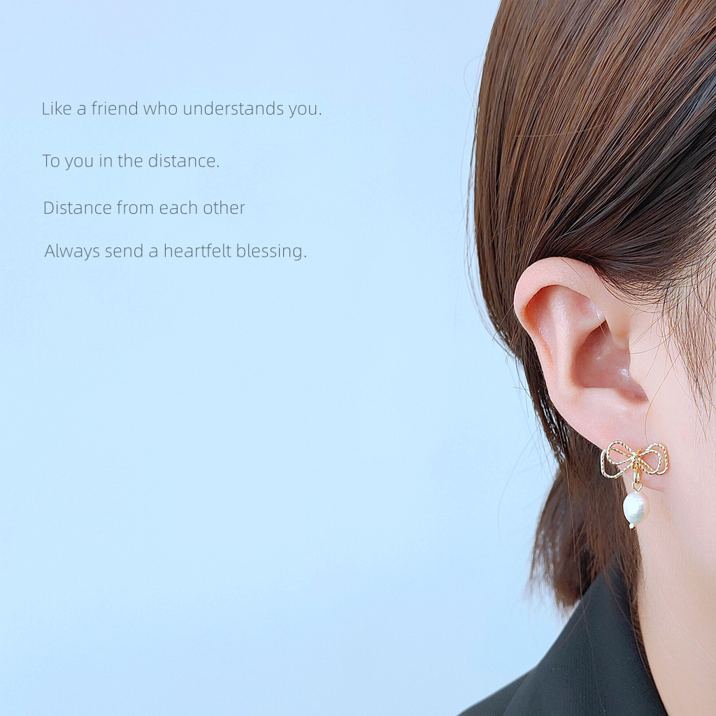 Bright Eyes 925 Silver Needle Plated 14K Real Gold Natural Freshwater Pearl Element Handmade Earrings Female Bow Zircon Earrings