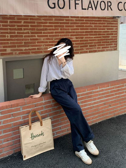 Casual Striped Long-Sleeve Blouse 治愈系女孩~经典条纹宽松长袖衬衫*3Colors