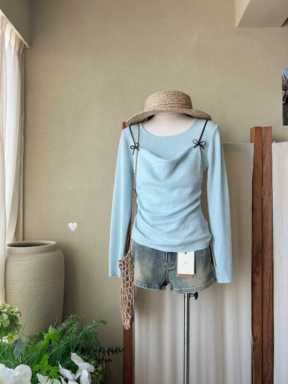 Sweet Bow Faux Two-Piece Knit Top 氧气甜美感~立刻入坑甜美蝴蝶结吊带假两件针织衫*7 Colors