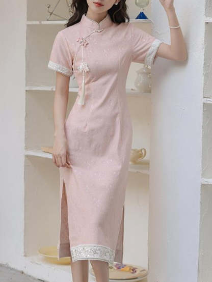 暮晚尘香刺绣边长款旗袍