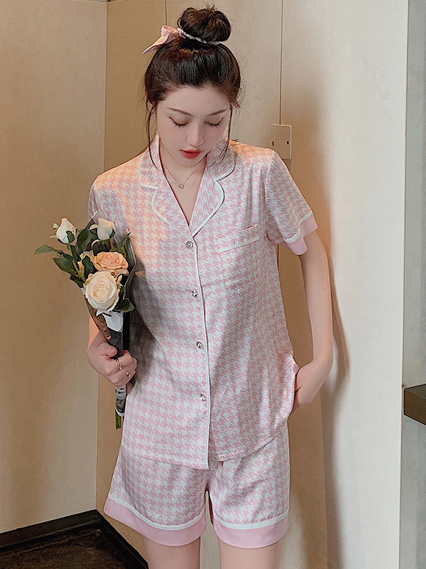 Classic Collar Pink Houndstooth Pajama Set 粉色翻领千鸟格家居服