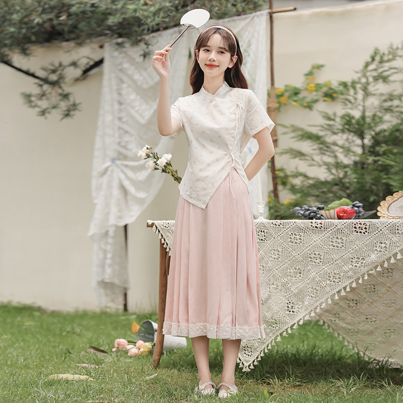 Chinese Style Pink Floral Stand Collar Shirt Tie Top Pink Bamboo Pattern Lace Half Skirt 粉色碎花衬衫+蕾丝半身裙两件套