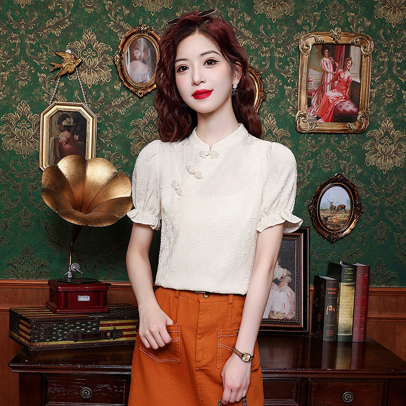 Jacquard Mandarin Collar Blouse 提花盘扣衬衫*2Colors