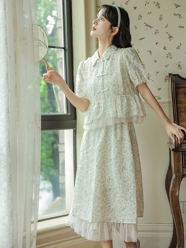 Green Shivering Embroidery Suit New Chinese Style Puff Sleeve Top Women's Fresh Sweet Skirt Price Limit 40