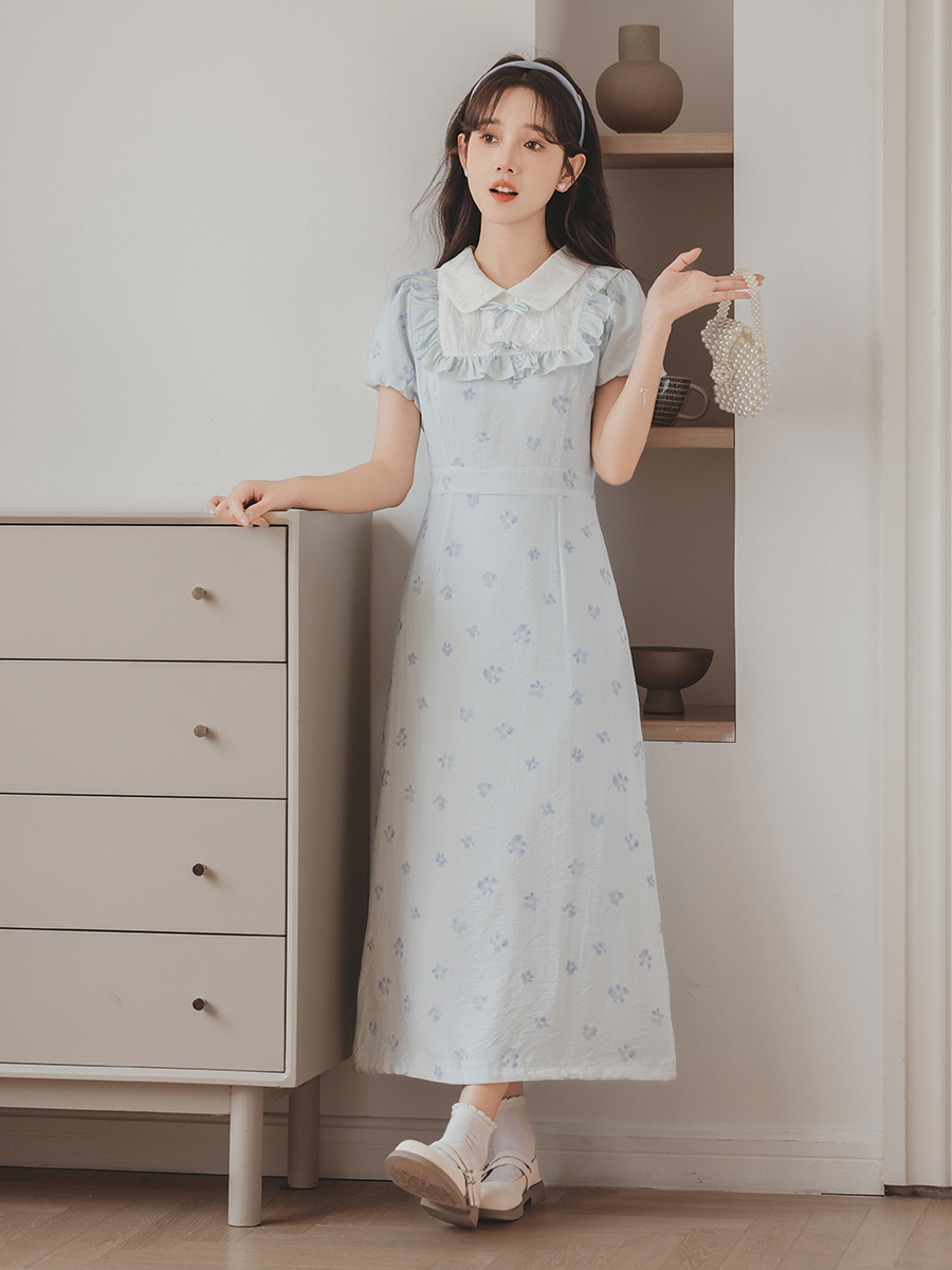 Vintage Bow Short Sleeve Dress Women's Summer Design Sense Niche Commuter College Style Dress Women 50