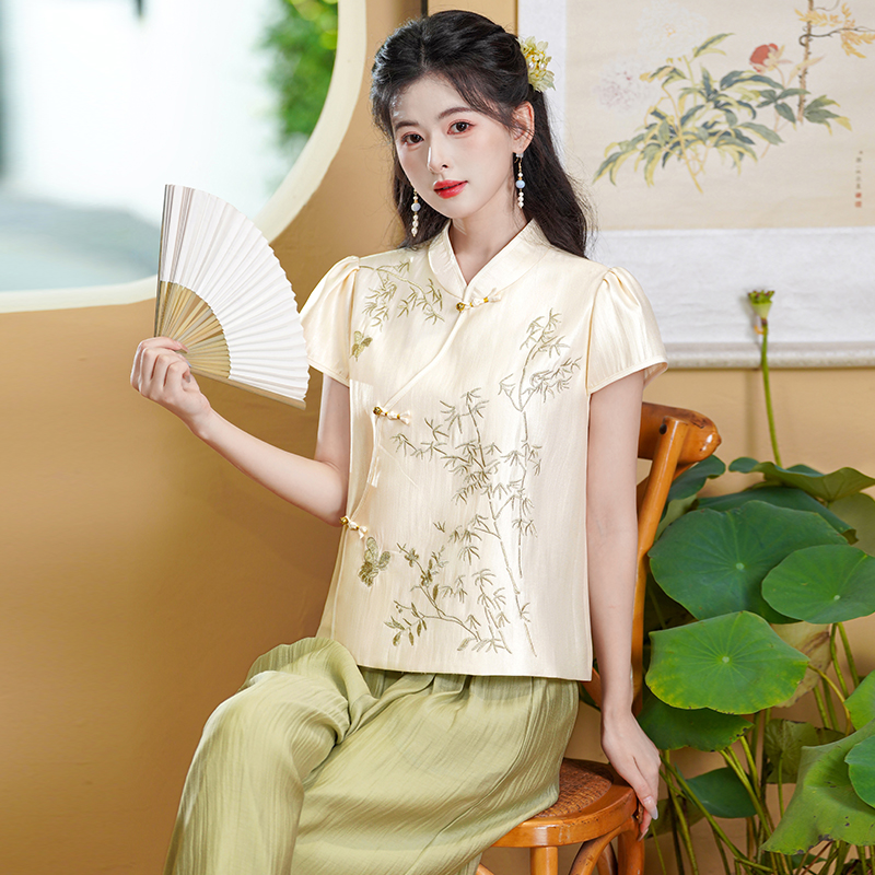 缎面盘扣上衣+裙裤套装 New Chinese Style Hanfu Satin Oblique Collar Heavy Embroidery Button Top with Ethnic Style Skirt Pants Set