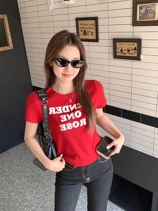 Real Shot Real Price Summer 2025 New Round Neck Slim Fit Slimming Regular Shoulder Short Sleeve T-Shirt Women Letter Print Top