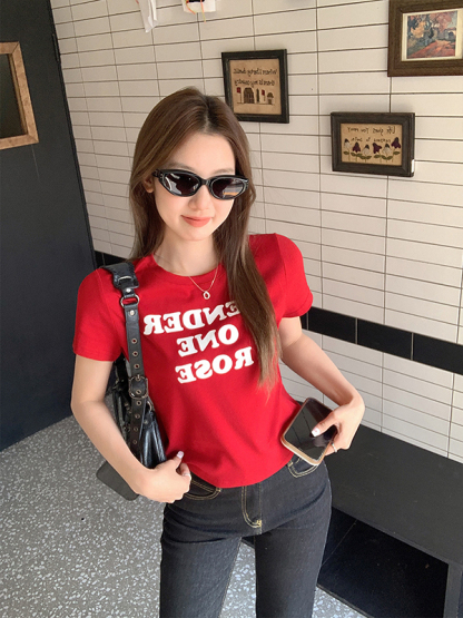 Real Shot Real Price Summer 2025 New Round Neck Slim Fit Slimming Regular Shoulder Short Sleeve T-Shirt Women Letter Print Top