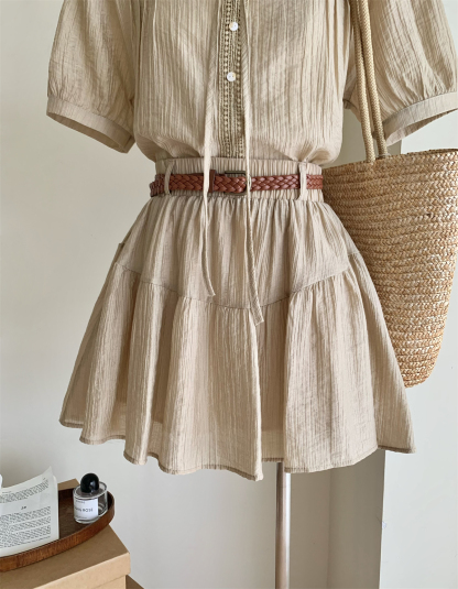 Casual Bow Tie Shirt & Skirt Combo  绑带衬衣+ 休闲短裙2件套*2Colors