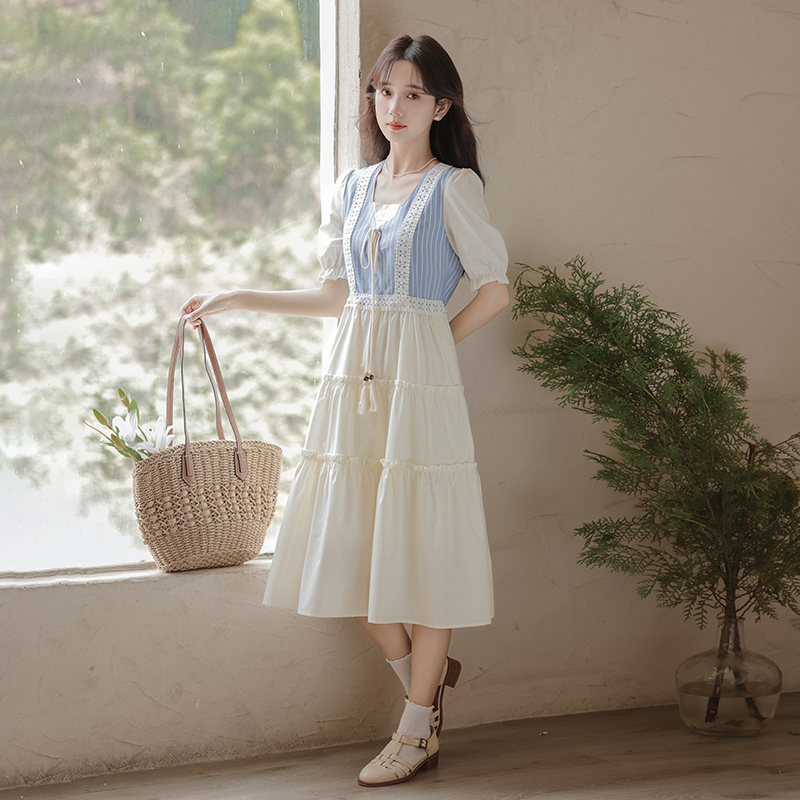 Artistic Vintage Skirt Women's 2024 Summer New Imitation Denim Striped Stitching Fake Two Pieces Short Sleeve Dress 50