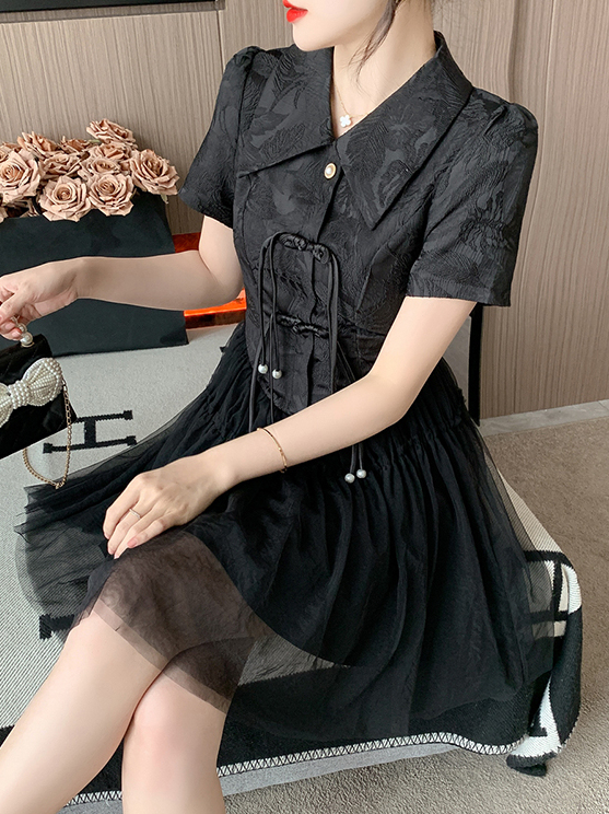 盘扣旗袍连衣裙 Jacquard Patchwork Pearl New Chinese Style Improved Cheongsam Fashion Mesh Puffy Dress