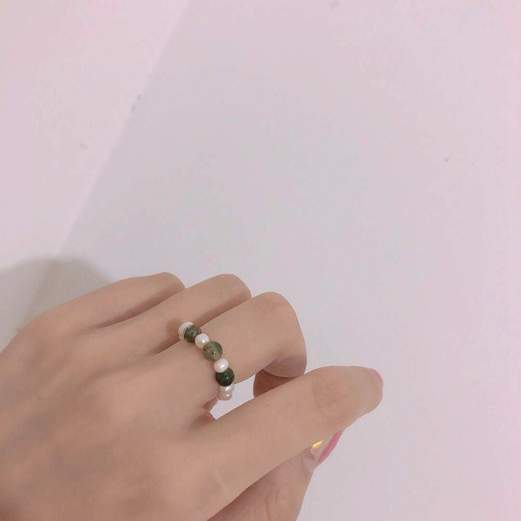 Pearl and Moss Stone Artisan Ring 天然淡水珍珠绿水草石手工戒指