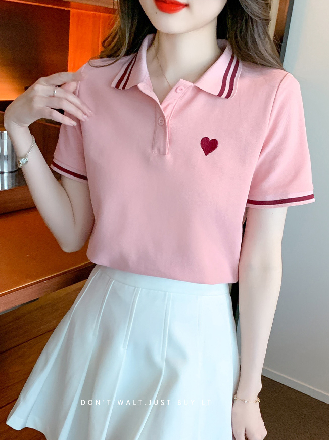 Heart Charm Polo Collar T-Shirt 甜美风~POLO领爱心刺绣T恤