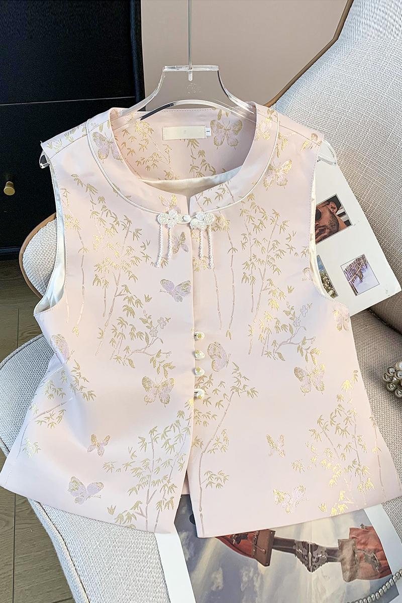 刺绣织金马面裙 Round Neck Buttoned Brocade Embroidered Hanfu Classical Cardigan Retro Vest Top