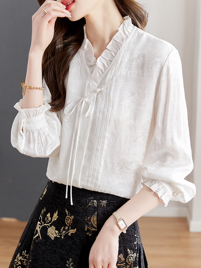 白荷新中式白衬衫 Spring White Lotus New Chinese Style White Shirt with Ma Face Skirt Matching Long Sleeve Daily Commuting National Style Versatile Top