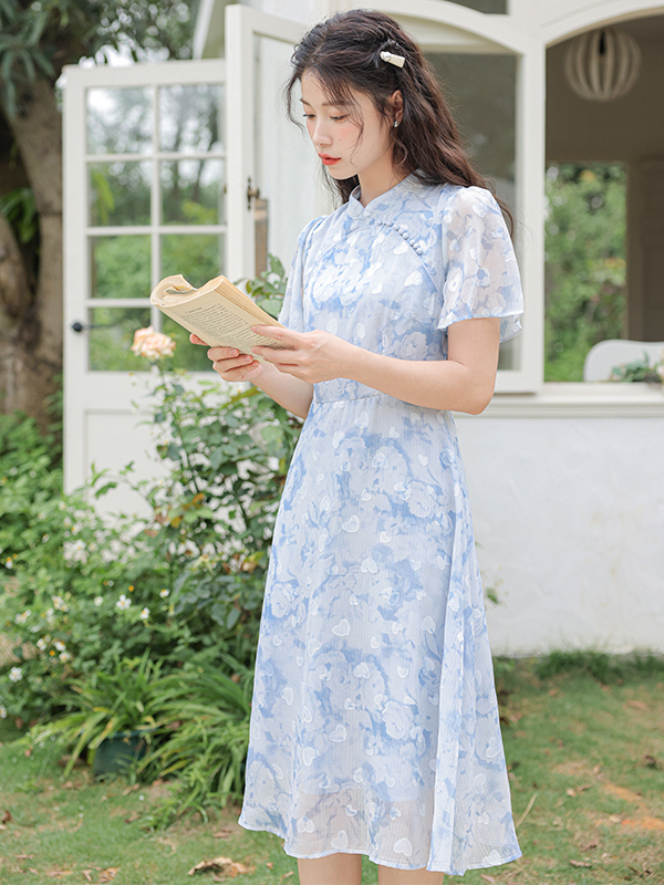 Blue Blossom Chiffon Dress 蓝色雪纺碎花裙