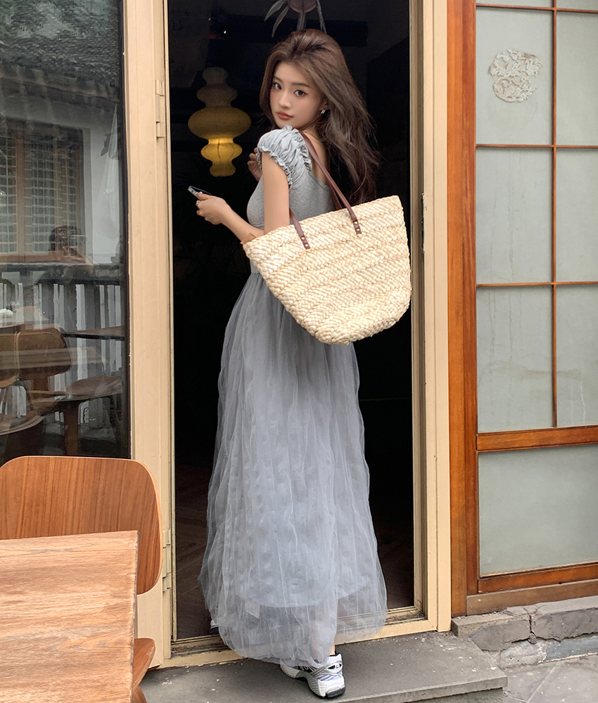 V-Neck Tulle and Mesh Dress法式气质V领拼接纱裙*2Colors