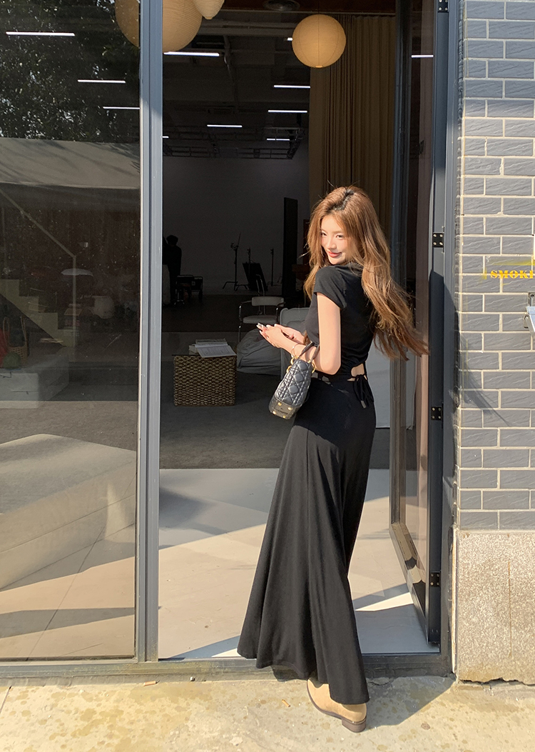 Real Shot 2025 Spring Summer New Loose Casual Solid Color Top Short Sleeve Skirt Long Skirt Women's Two-Piece Set