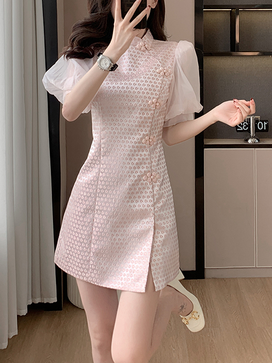 2024 New Chinese Style High-End Women's Jacquard Woven Gold Dress High-Grade Slimming Temperament Western Style Cheongsam Dress