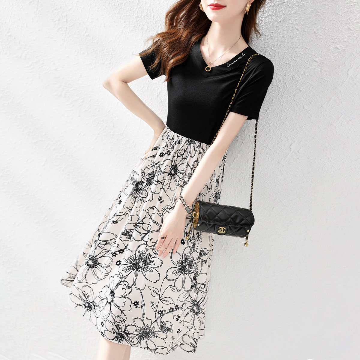 Floral Chic Dress 假两件花朵拼接连衣裙